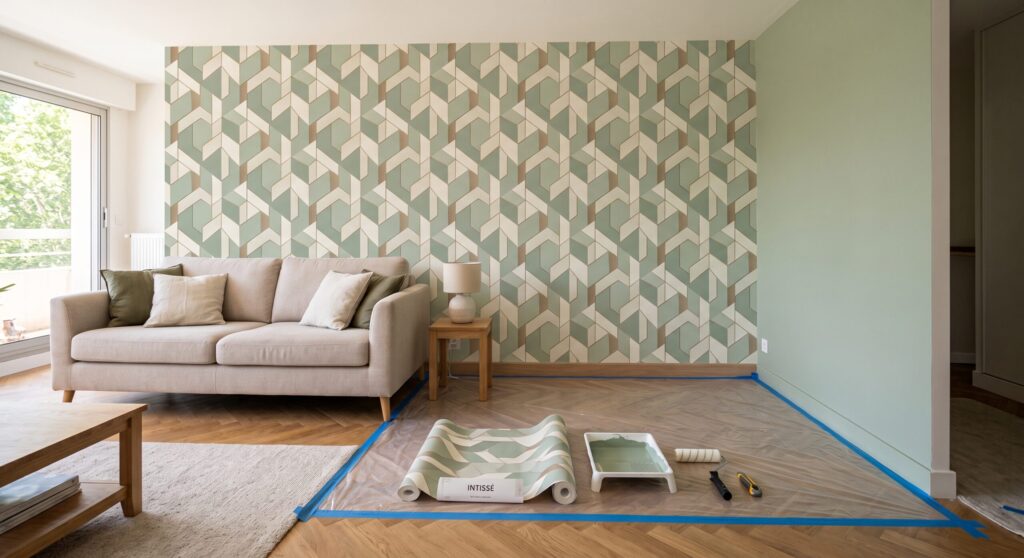 Mur à motifs géométriques verts et beiges derrière un canapé, avec rouleaux et outils au sol