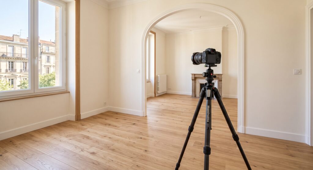 Appareil photo sur trépied dans une pièce vide au parquet clair, avec passage en arche