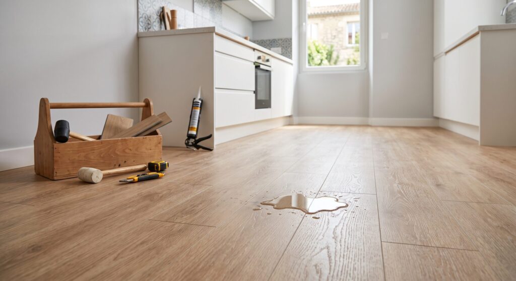 Sol d’aspect bois dans une cuisine blanche, avec quelques gouttes d’eau et des outils