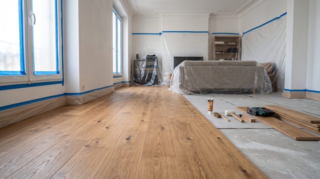 Lames de parquet en cours de pose dans une pièce au mobilier et aux murs protégés