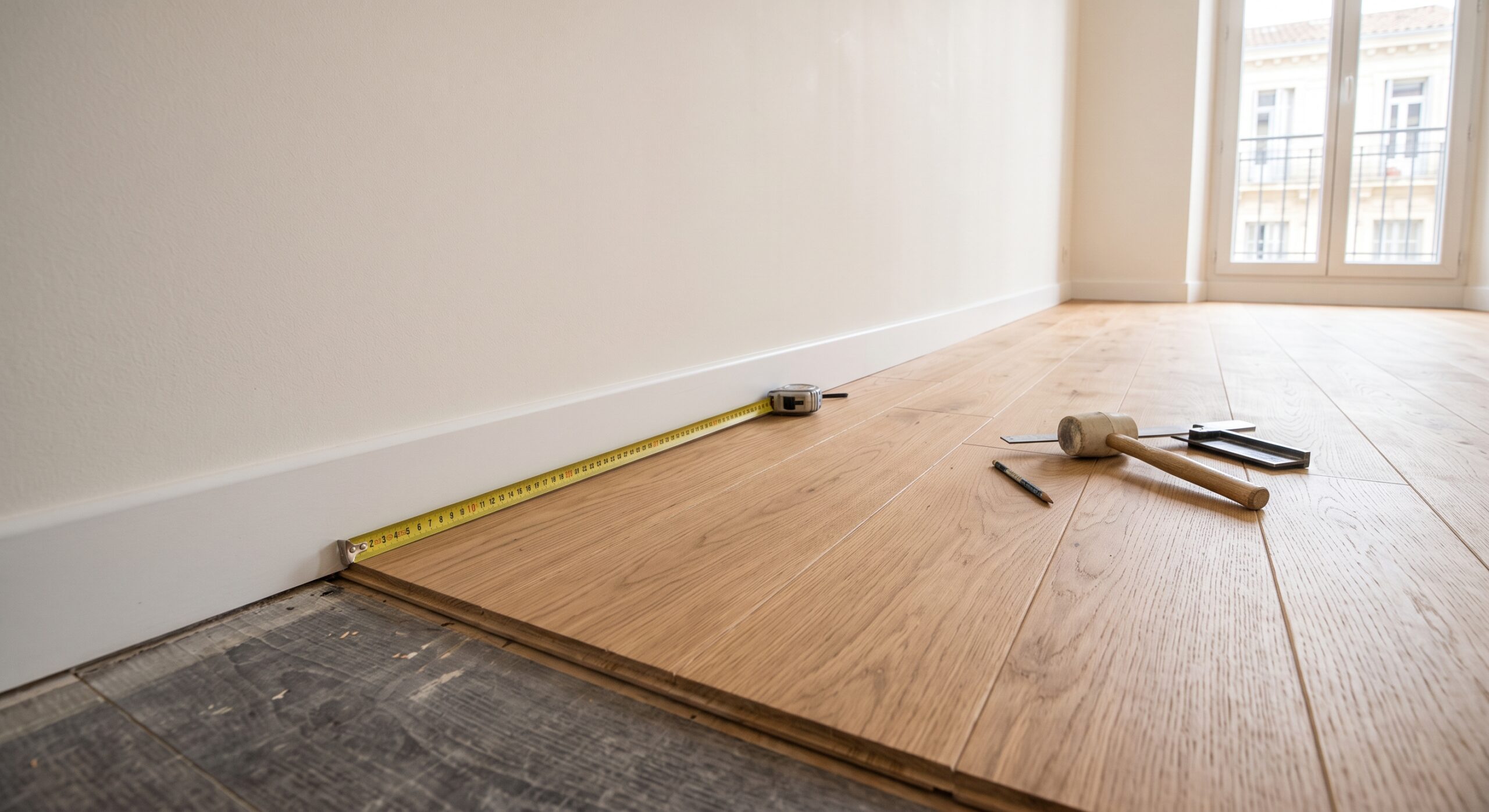 Lames de parquet posées le long d’une plinthe blanche, avec mètre ruban et maillet