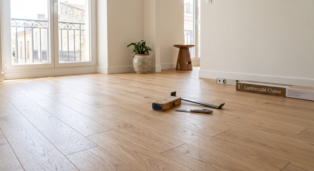 Parquet clair dans une pièce aux murs blancs, avec outils de pose et paquet de lames