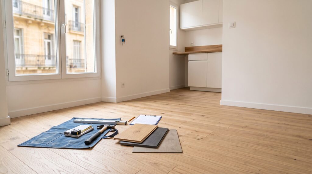 Petite pièce au sol d’aspect bois, avec kitchenette, échantillons et outils