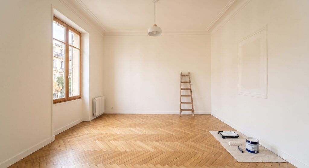 Pièce aux murs clairs et parquet en chevrons, avec escabeau et matériel de peinture