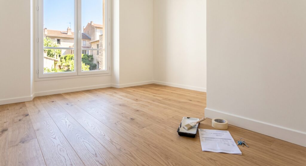 Pièce vide au parquet clair, avec document, clés et matériel près d’une plinthe