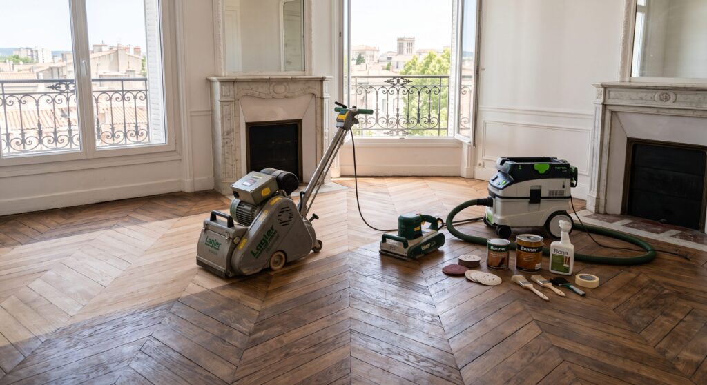 Ponceuse et aspirateur sur un parquet ancien en chevrons, près de cheminées