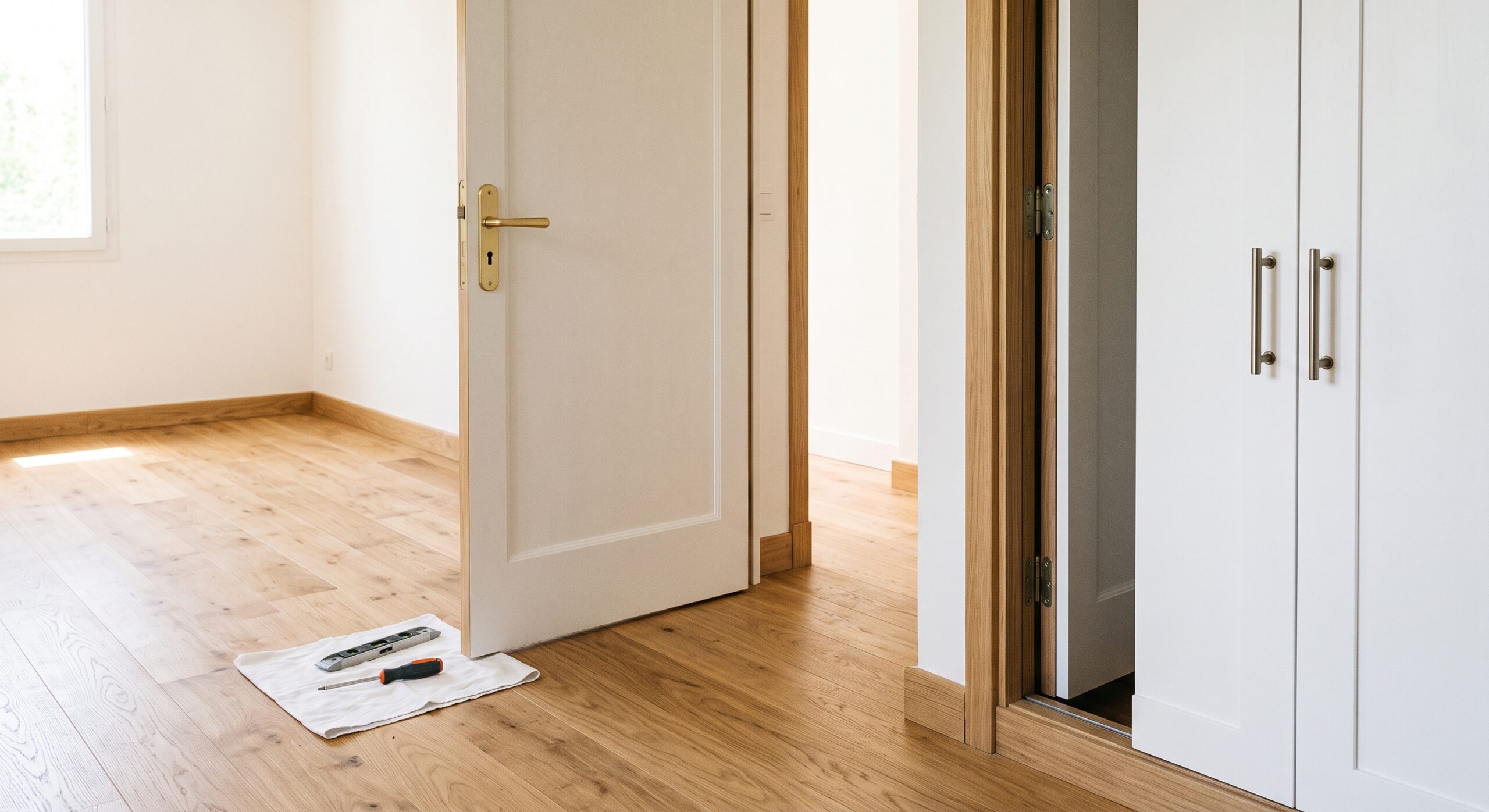 Porte blanche ouverte et placard, avec outils posés sur un parquet clair