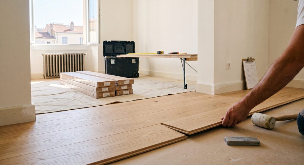 Personne ajustant une lame de parquet, avec maillet, cartons et outils de pose