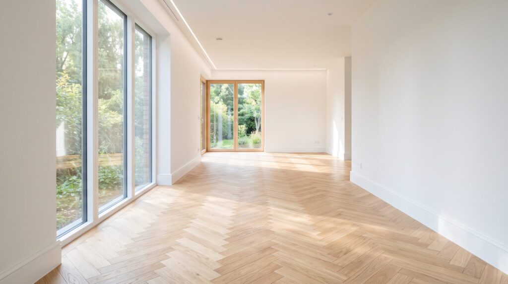 Séjour vide aux murs blancs et parquet en chevrons, éclairé par de grandes baies vitrées