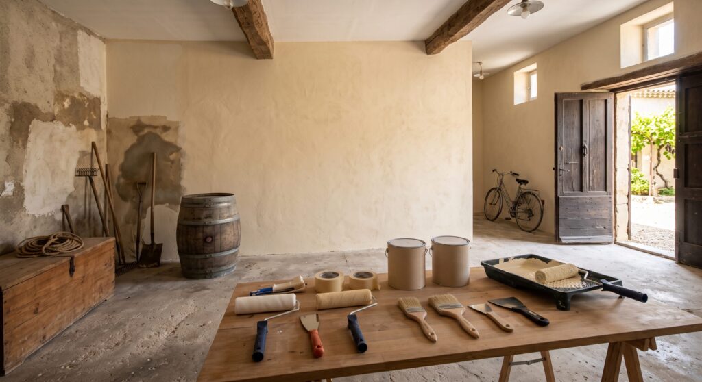Ancienne pièce aux poutres apparentes, avec mur en préparation et matériel de peinture