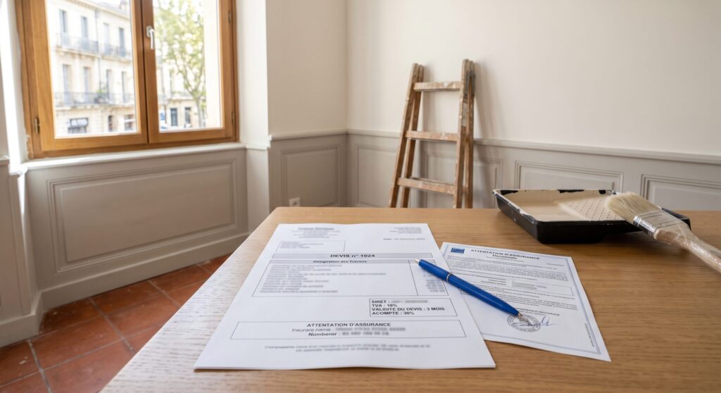 Documents imprimés et stylo sur une table, avec bac et brosse de peinture