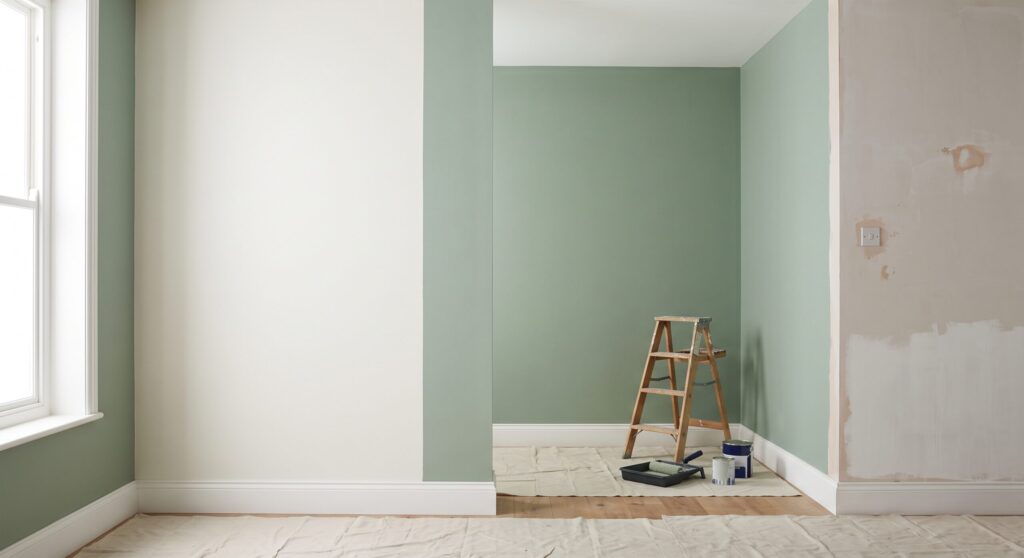Pièce aux murs clairs et vert pâle, avec une zone en préparation et du matériel de peinture