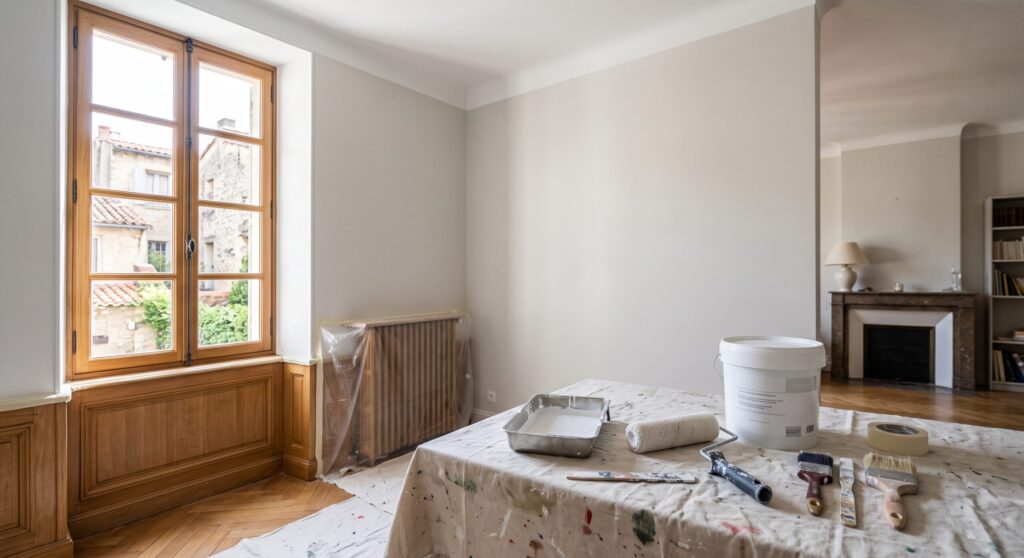 Pièce aux murs gris clair, avec seau, rouleau et bac sur une table protégée