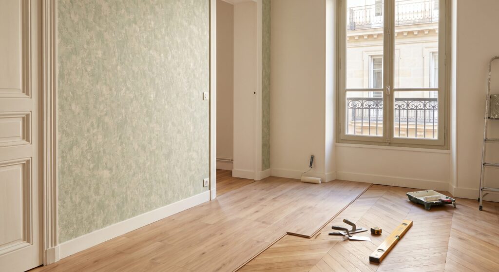 Pièce avec papier peint vert clair et lames de sol en cours de pose, près d’outils de finition