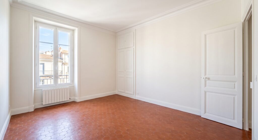 Pièce vide aux murs et portes blancs, avec sol en tomettes et grande fenêtre