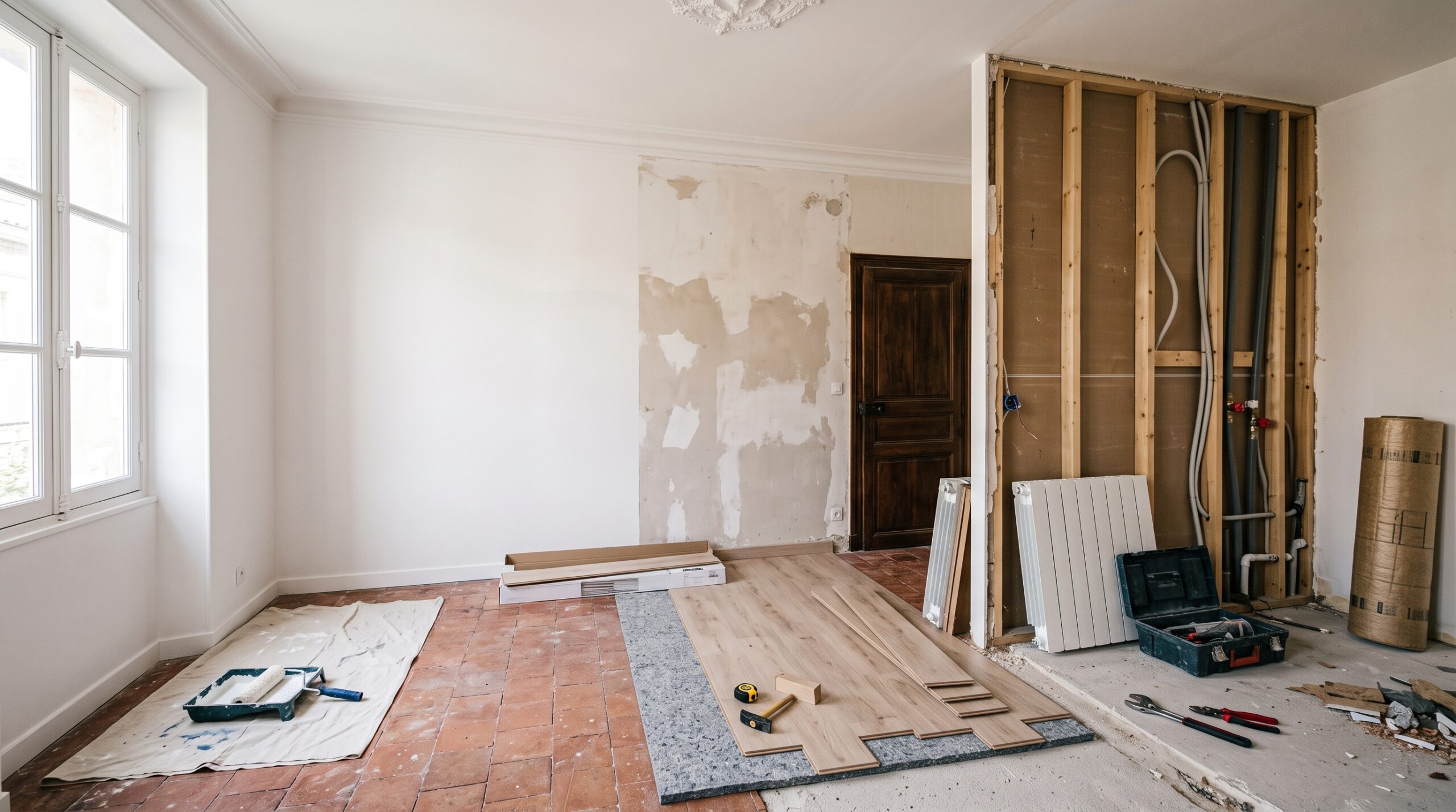 Pièce en travaux avec cloison ouverte, mur en préparation et revêtement de sol en cours de pose