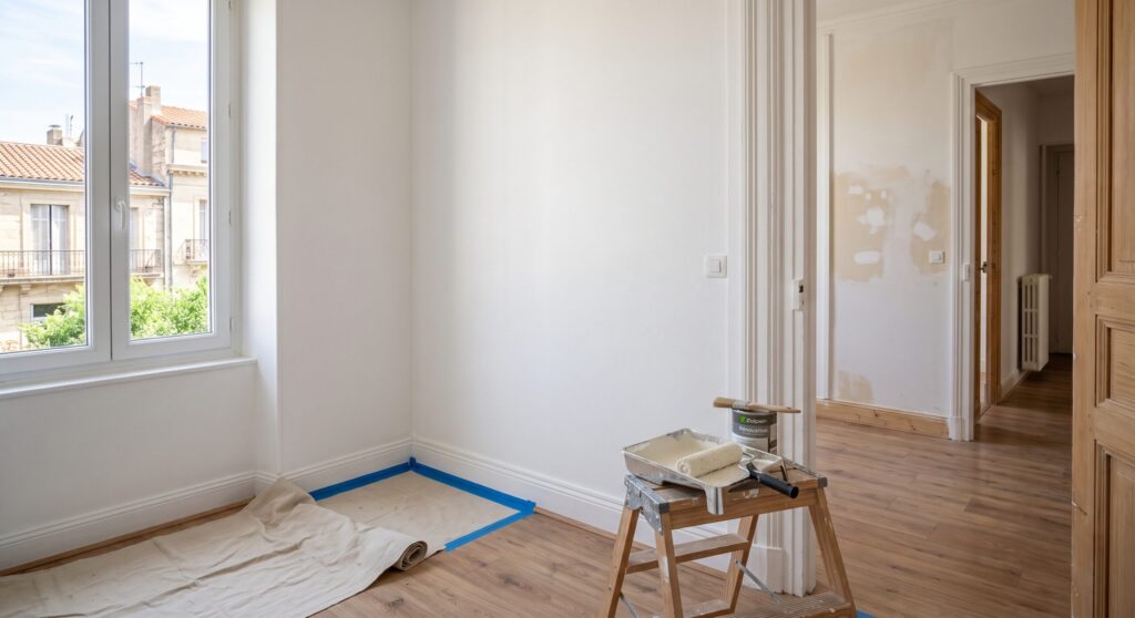 Pièce aux murs clairs avec reprises visibles dans le couloir, protections et matériel de peinture