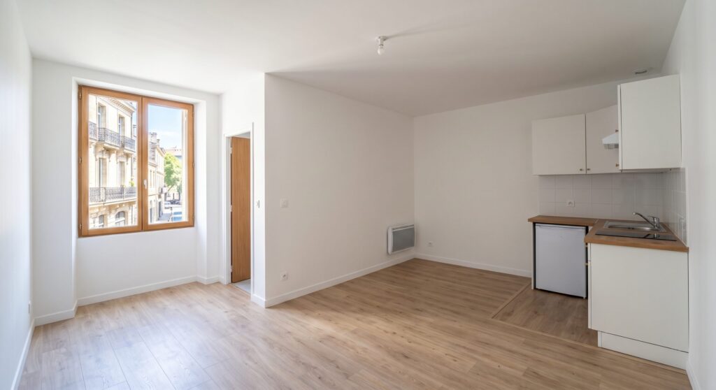Pièce vide aux murs blancs avec kitchenette et sol d’aspect bois