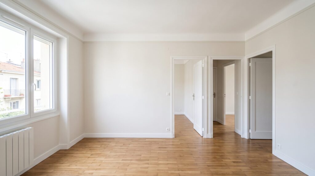 Pièces vides aux murs et plafonds clairs, reliées par des portes ouvertes, avec parquet