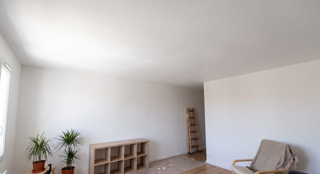 Plafond blanc dans une pièce partiellement meublée, avec escabeau et sol protégé
