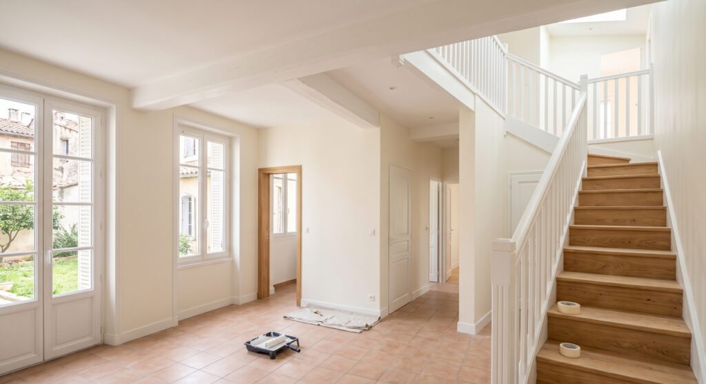 Séjour clair avec escalier en bois, rampe blanche et matériel de peinture au sol