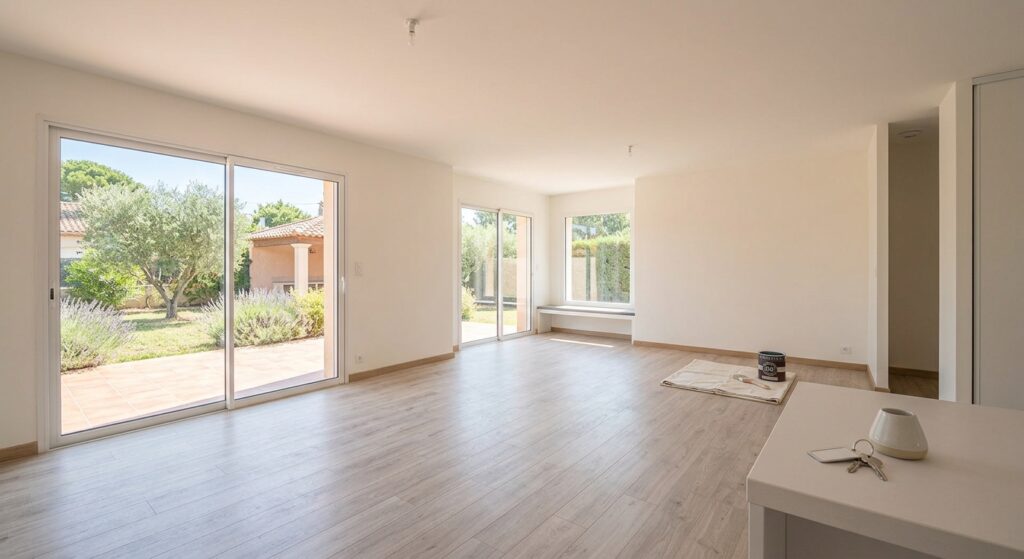 Séjour lumineux d’un pavillon rénové avec murs blancs et parquet à Baillargues