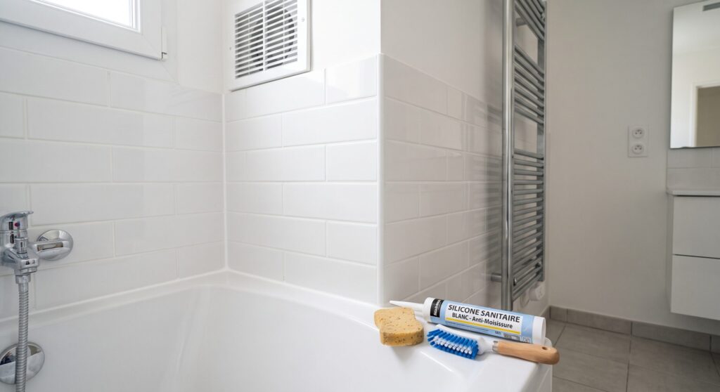 Baignoire bordée de carrelage blanc, avec grille d’aération, tube de silicone et outils de nettoyage