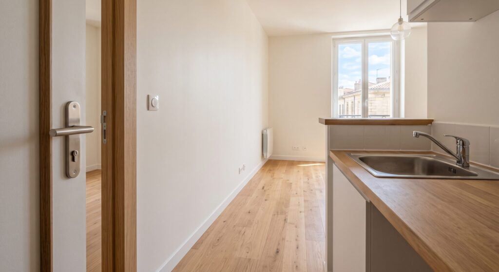 Petite cuisine aux murs clairs, avec évier, plan de travail et porte en bois