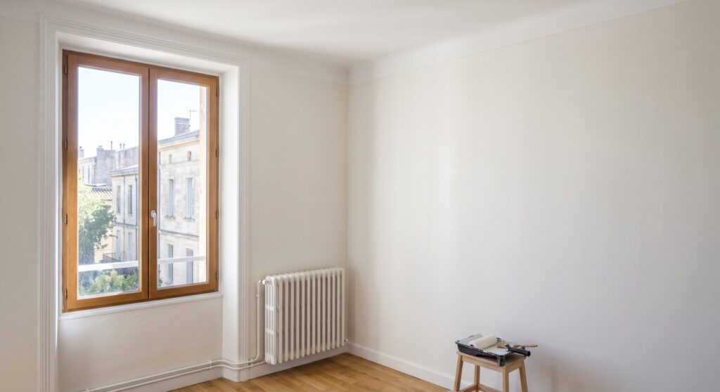 Mur et plafond blancs autour d’une fenêtre en bois, avec radiateur et petit tabouret