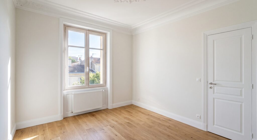 Pièce vide aux murs blancs, avec moulures, porte peinte et parquet