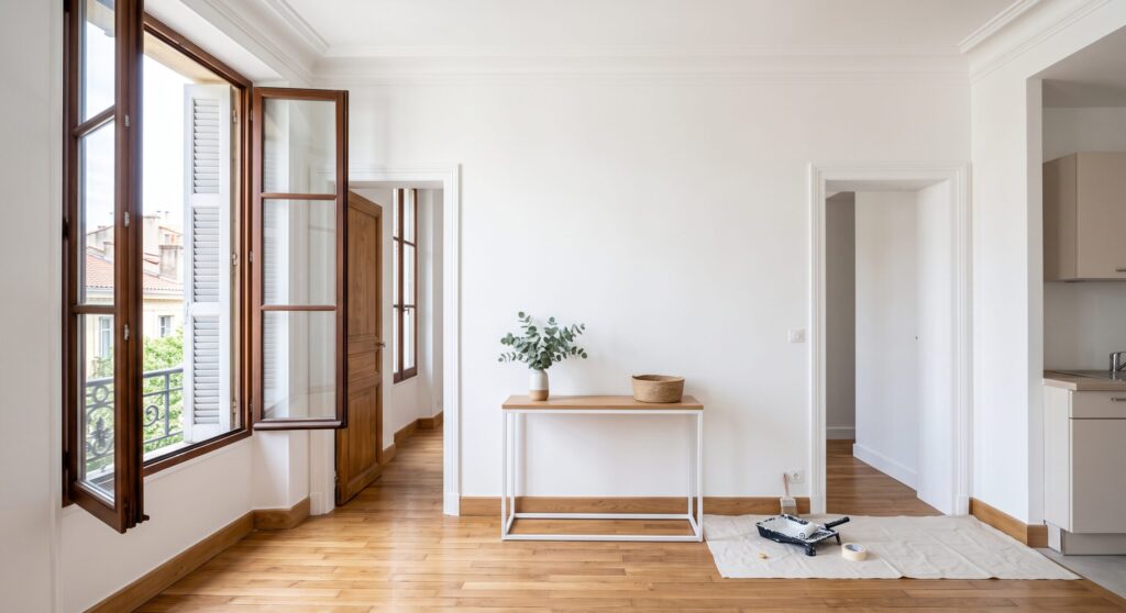 Pièce aux murs blancs et parquet, avec une console, une plante et du matériel de peinture