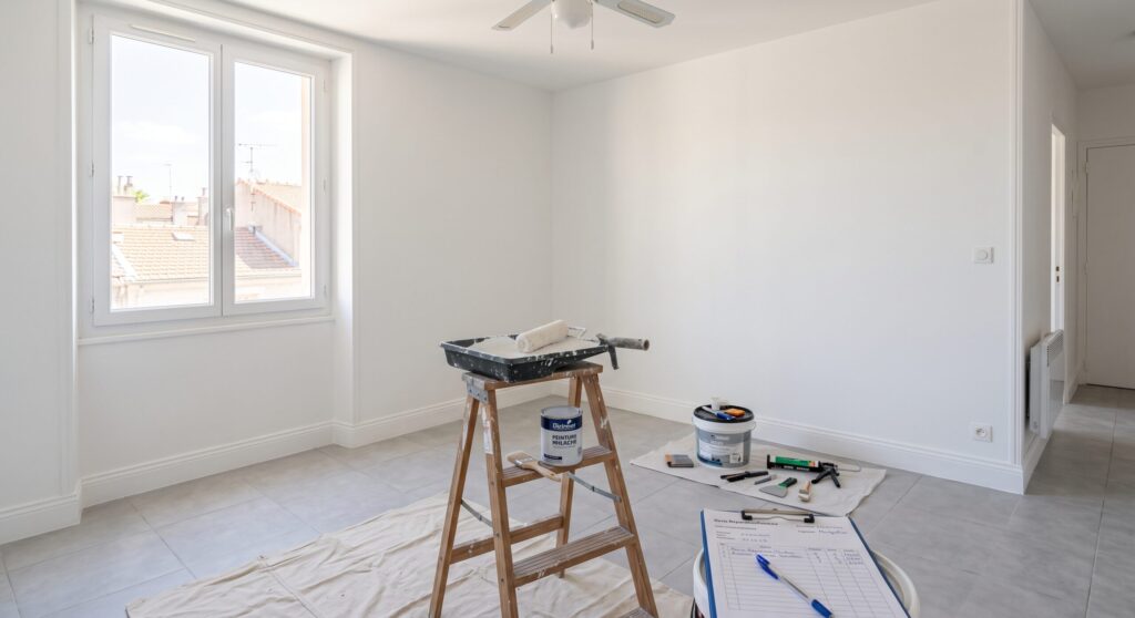 Pièce aux murs blancs avec escabeau, bac, pots de peinture et protections au sol
