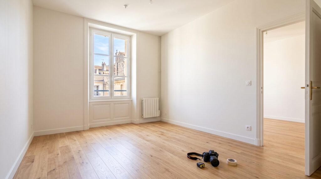 Pièce vide aux murs clairs et parquet, avec appareil photo et ruban de masquage au sol