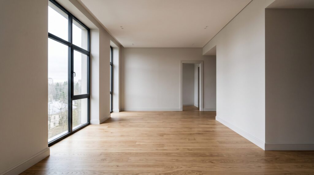 Pièce vide aux murs clairs et sol d’aspect bois, éclairée par de grandes baies vitrées