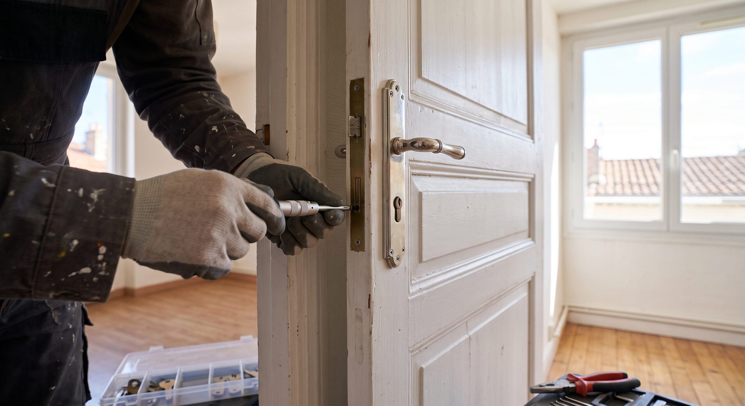 Mains gantées ajustant la serrure d’une porte peinte en blanc
