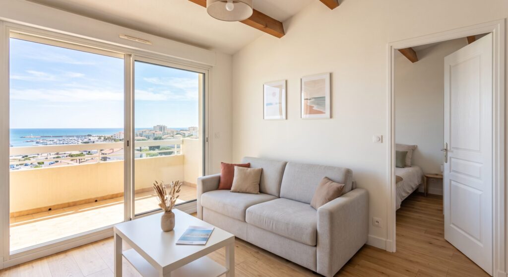 Séjour clair avec canapé, table basse et grande baie donnant sur un balcon avec vue sur la mer