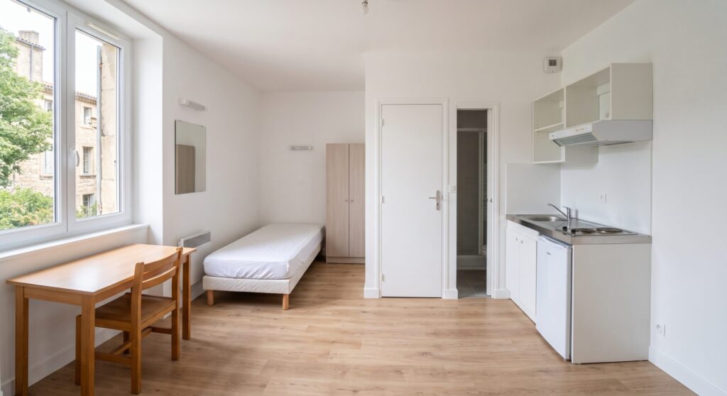Studio aux murs blancs avec lit simple, bureau en bois et kitchenette