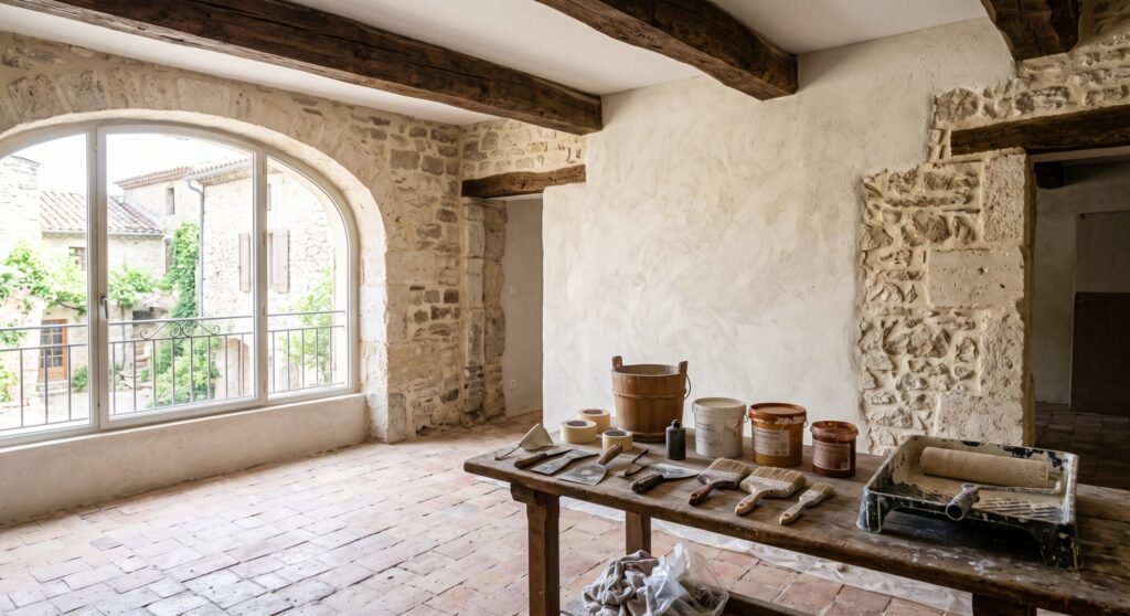 Pièce aux murs en pierre et poutres apparentes, avec outils de peinture sur une table
