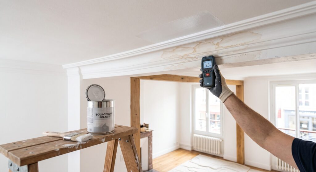 Main gantée tenant un appareil de mesure contre une moulure tachée au-dessus d’une ouverture