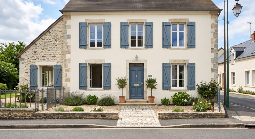 Maison à façade claire, avec volets et porte bleus, bordée de plantations
