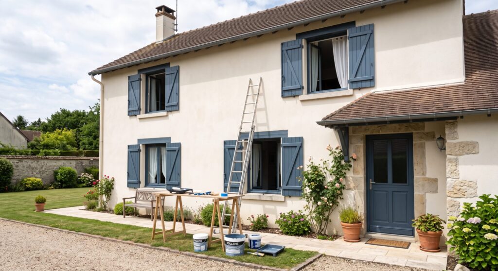 Façade claire à volets bleus, avec échelle, tréteaux et pots de peinture