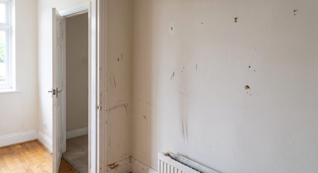 Mur présentant des trous et des traces près d’une porte et d’un radiateur