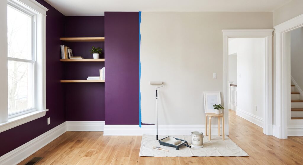 Pièce avec mur violet partiellement recouvert d’une teinte claire, ruban de masquage et rouleau Pièce avec mur violet partiellement recouvert d’une teinte claire, ruban de masquage et rouleau