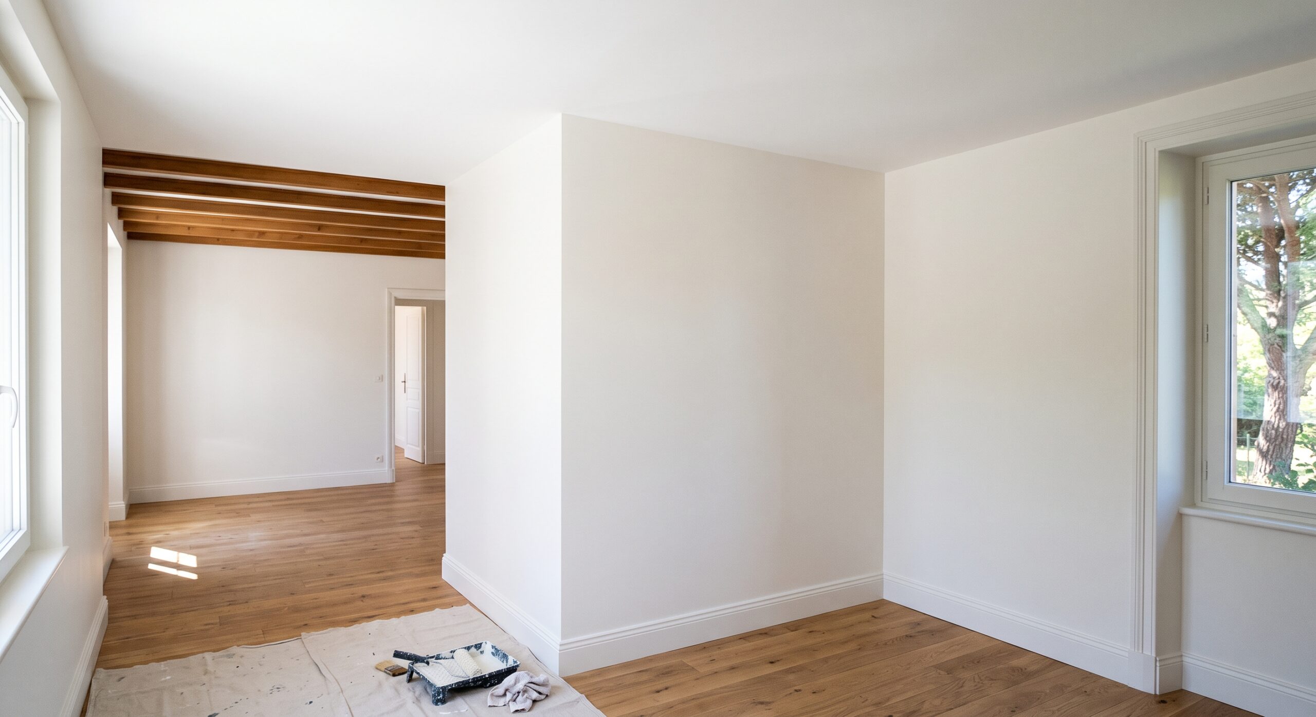 Pièces aux murs blancs et parquet, avec poutres en bois et matériel de peinture au sol