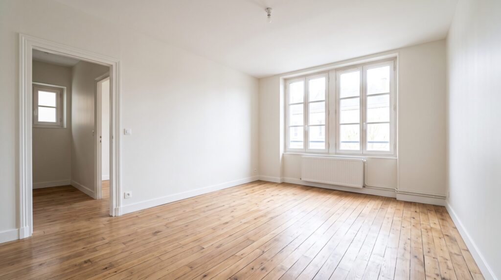 Pièce vide aux murs blancs et parquet, éclairée par une grande fenêtre