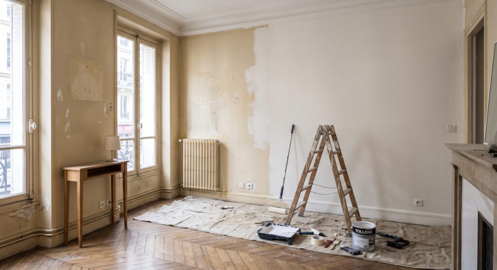 Pièce aux murs partiellement repeints, avec escabeau, outils et protections sur le parquet