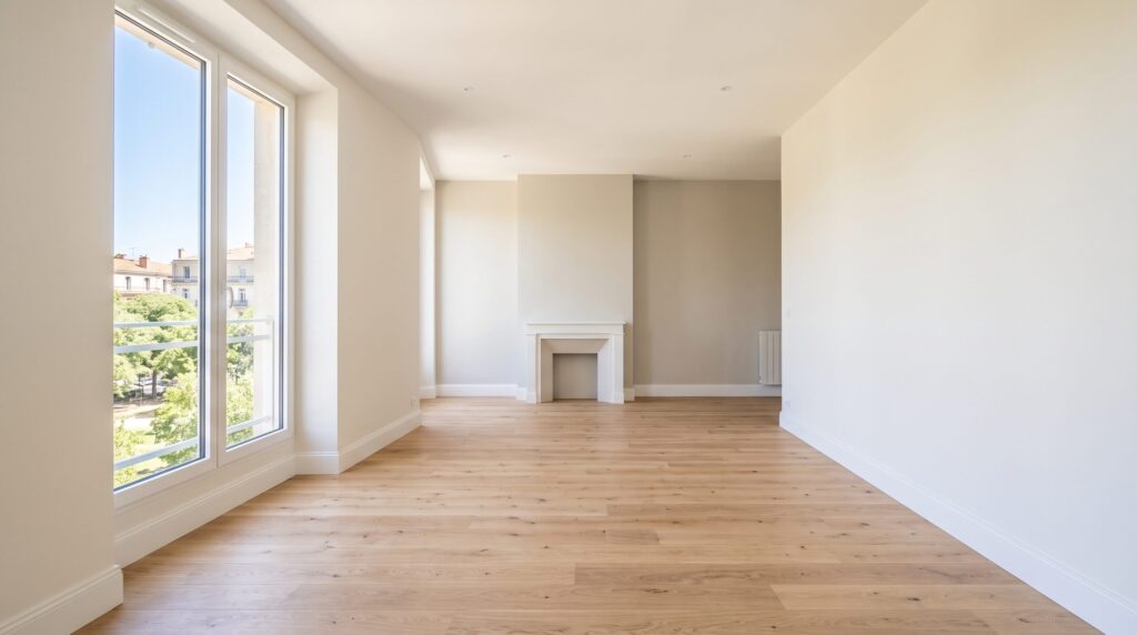 Pièce vide aux murs clairs, avec cheminée, parquet et grandes fenêtres