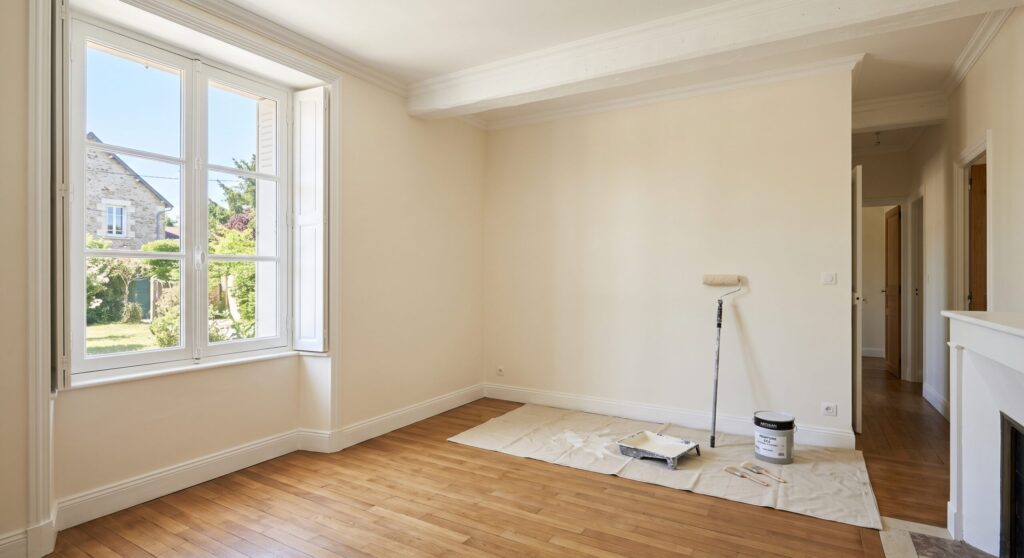 Pièce vide aux murs crème, avec rouleau, bac et pot de peinture sur une bâche