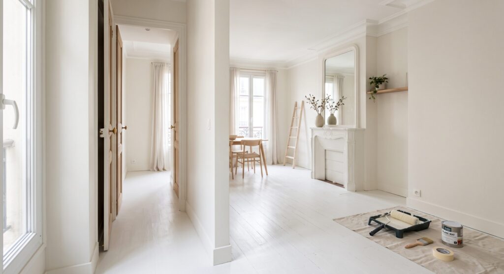 Pièces aux murs clairs avec cheminée, escabeau et matériel de peinture sur une protection
