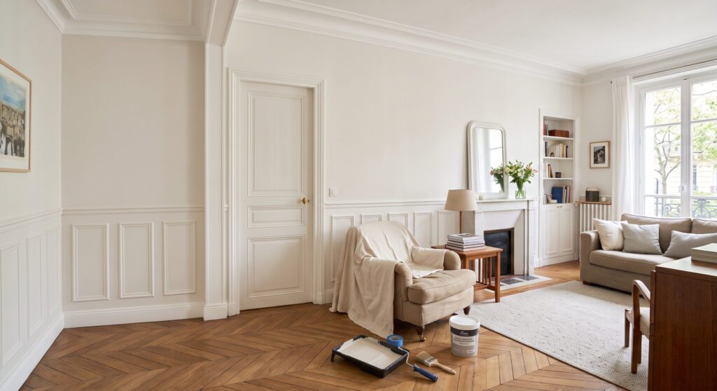 Salon meublé aux boiseries blanches, avec fauteuil protégé et matériel de peinture au sol